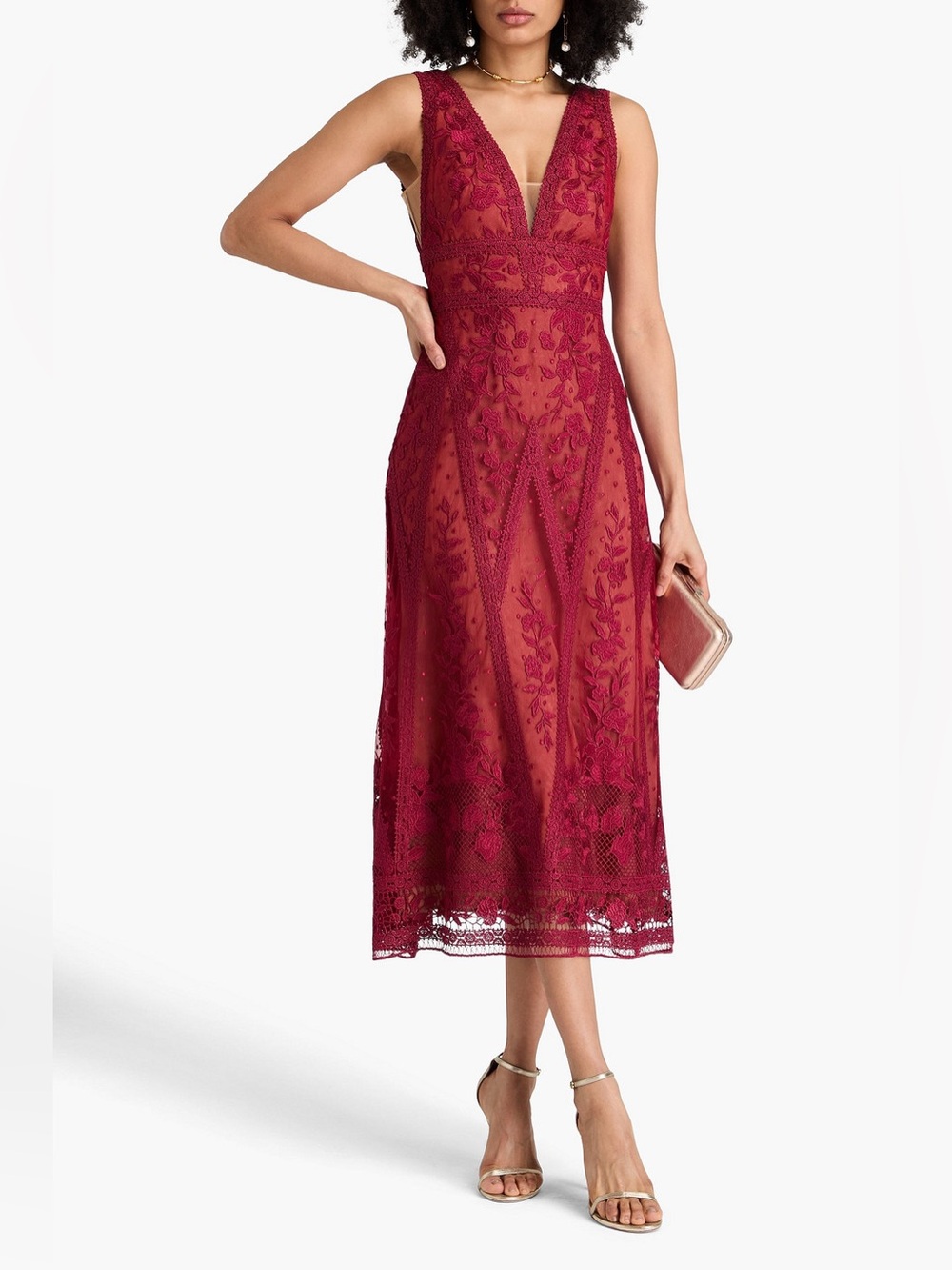 Marchesa Notte Burgundy Guipure Lace Midi Dress